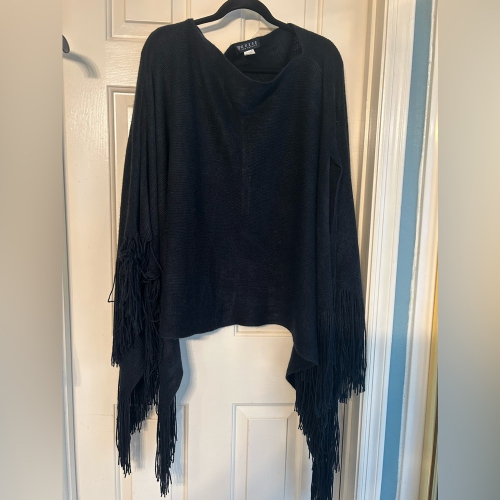 Guess fringe black poncho one size
